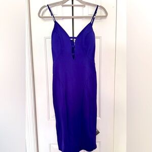 Elegant Purplish-Blue Bebe Dress with Sheer Back and Keyhole Detail